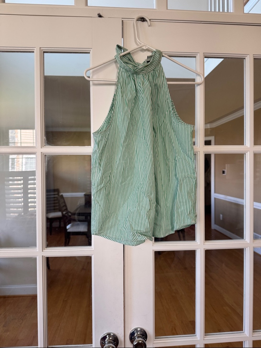 J. Crew Green and White Striped Halter Neck Blouse